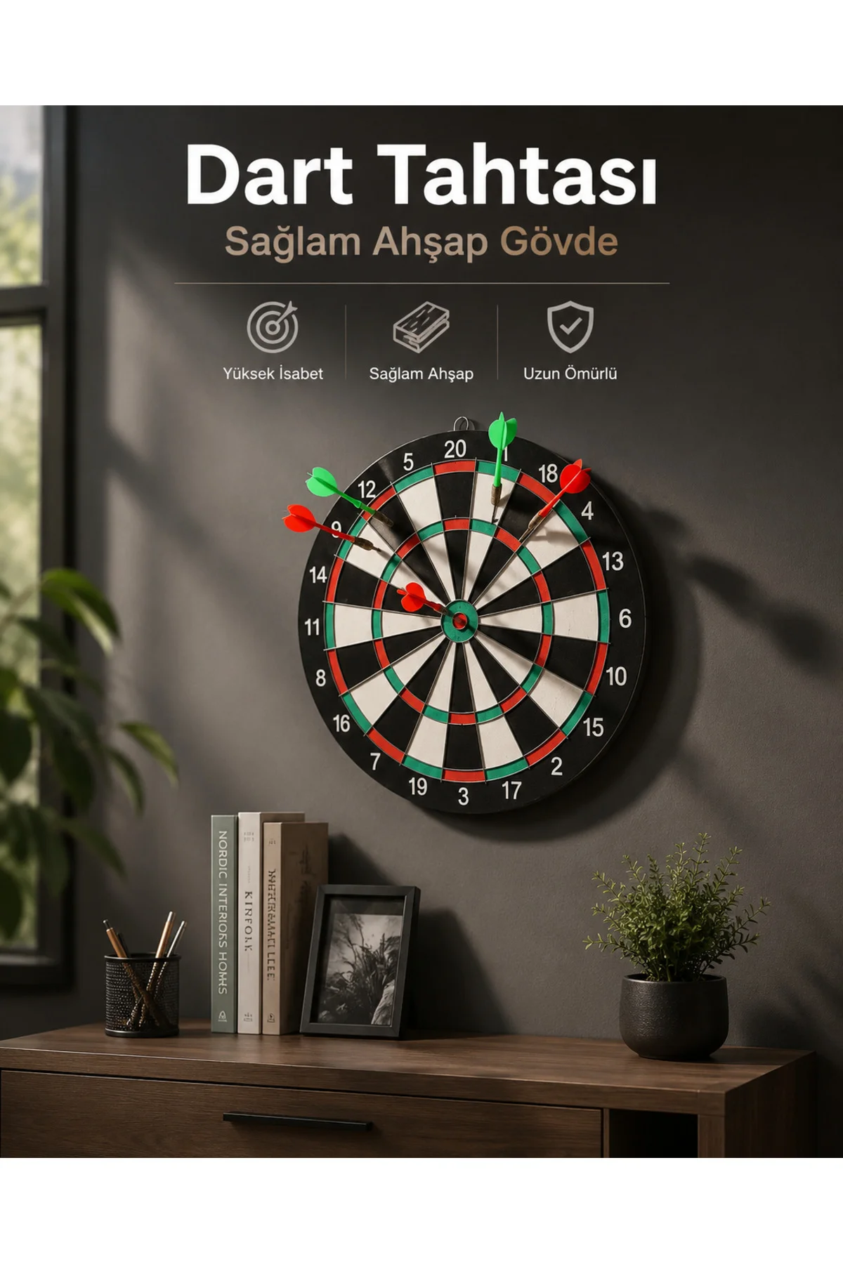 Duvara Monte Sağlam Ahşap Gövdeli Dart Tahtası Ev ve Oyun Alanları İçin 17 İnç