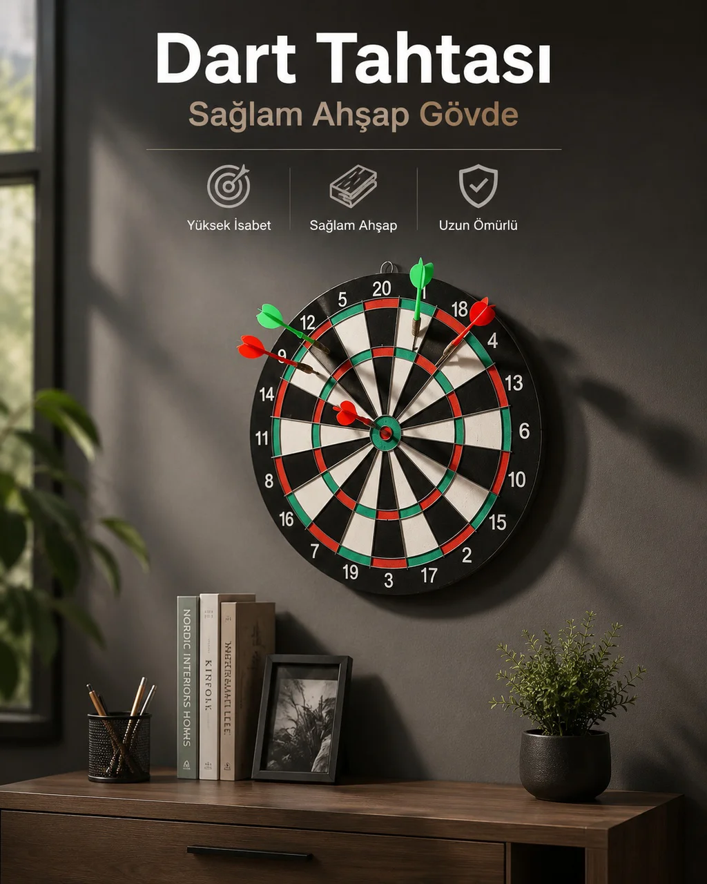 Duvara Monte Sağlam Ahşap Gövdeli Dart Tahtası Ev Ve Oyun Alanları İçin 17 İnç - Lisinya