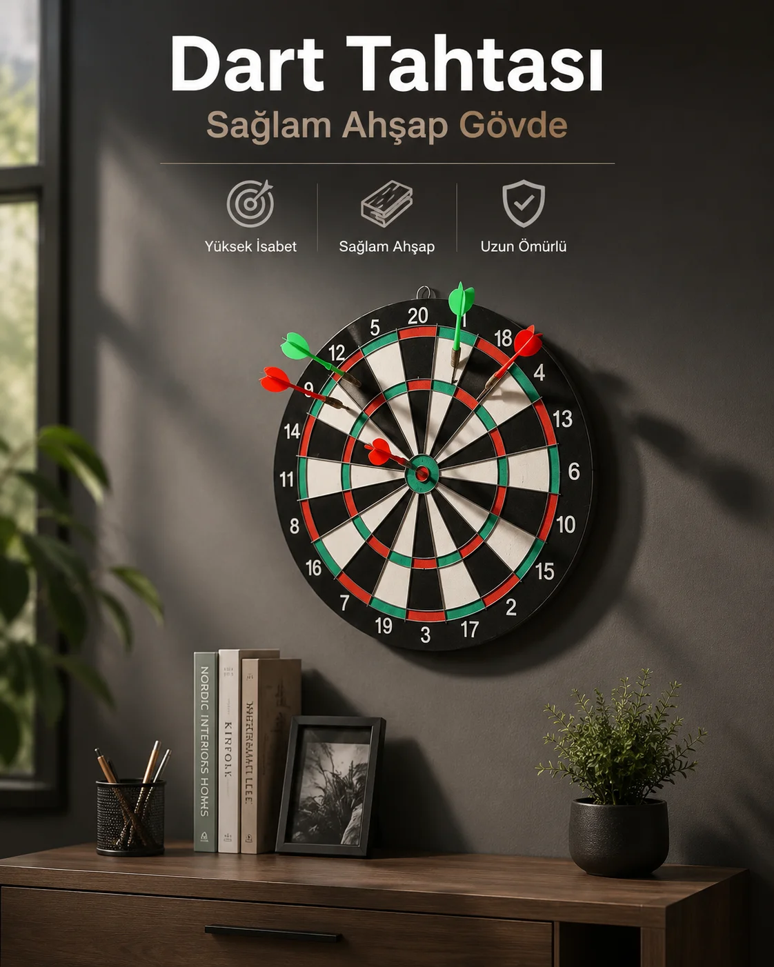 Duvara Monte Sağlam Ahşap Gövdeli Dart Tahtası Ev ve Oyun Alanları İçin 17 İnç