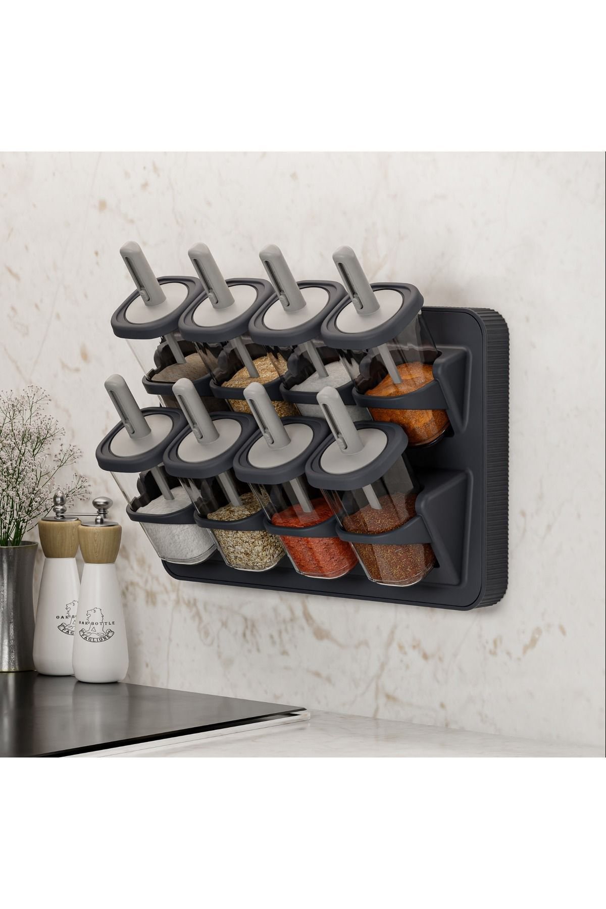 Ferah Plastik Duvara Monteli 8 Li Kaşikli Baharatlik Standi Standli 8 Li Bahara