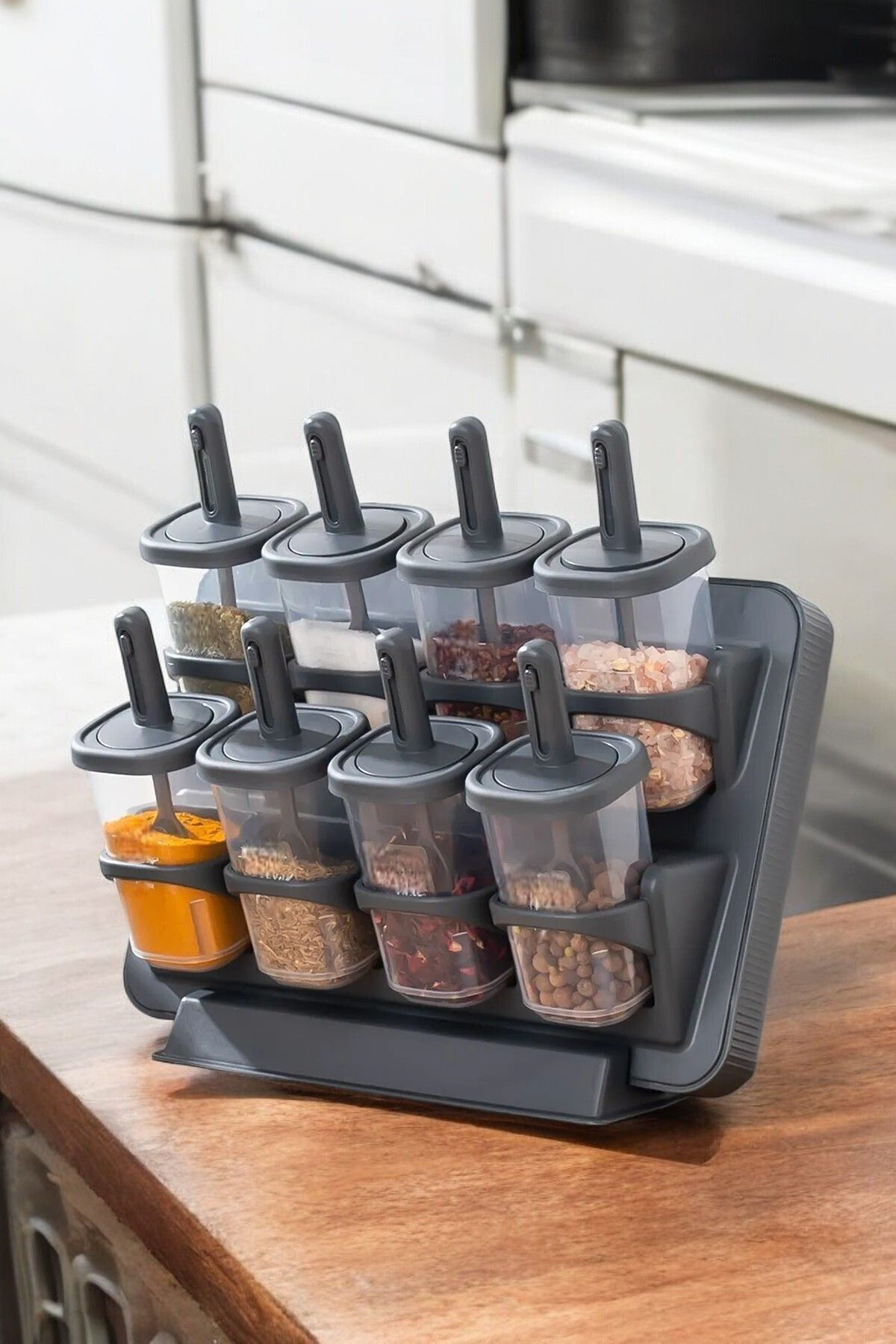 Ferah Plastik Duvara Monteli 8 Li Kaşikli Baharatlik Standi Standli 8 Li Bahara