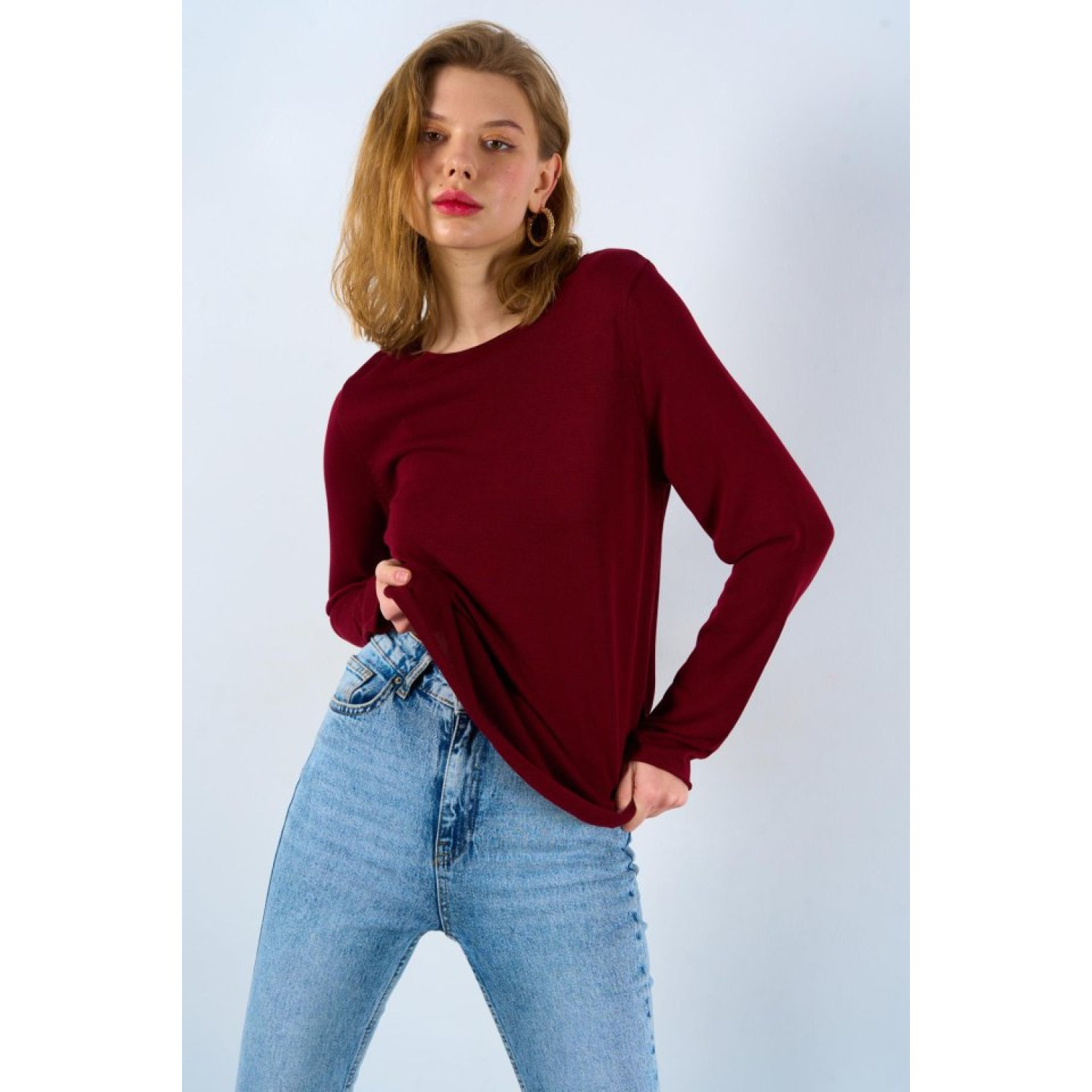 Düz Açık Yaka Kazak - Bordo