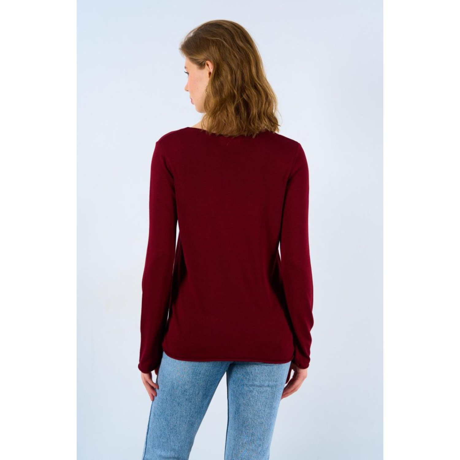 Düz Açık Yaka Kazak - Bordo