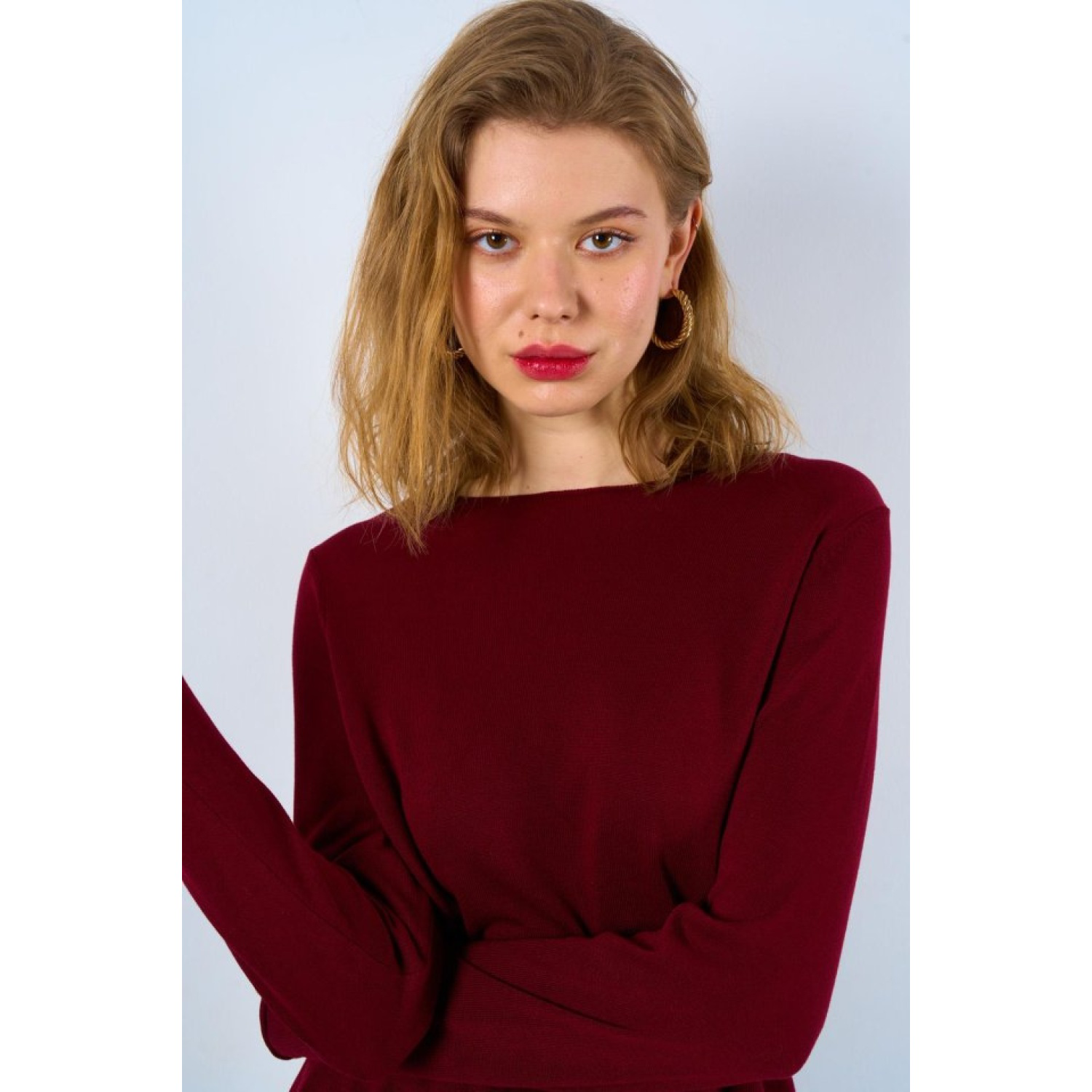 Düz Açık Yaka Kazak - Bordo