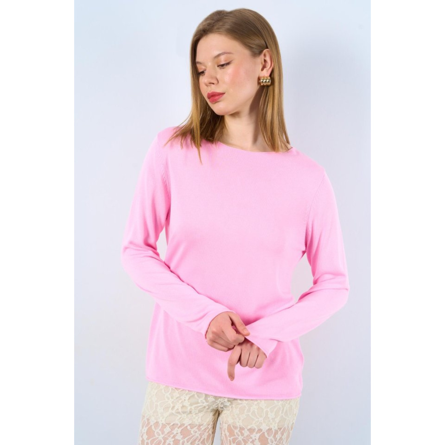 Düz Açık Yaka Kazak - Pembe Düz Açık Yaka Kazak - Pembe