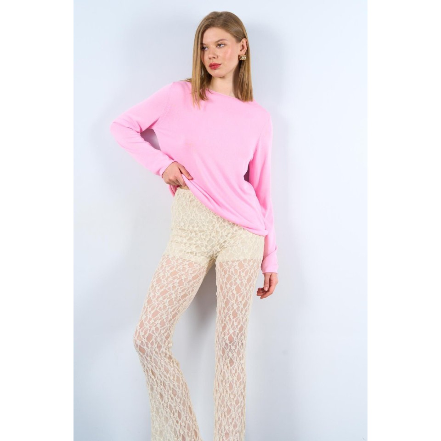 Düz Açık Yaka Kazak - Pembe Düz Açık Yaka Kazak - Pembe