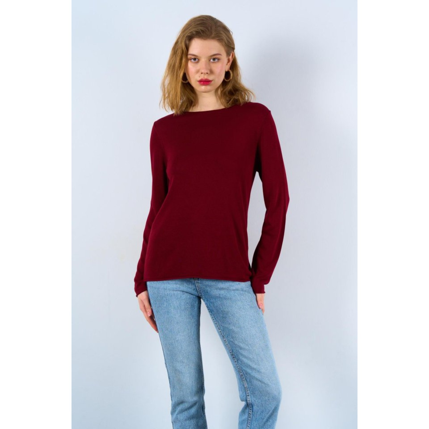 Düz Açık Yaka Kazak - Bordo