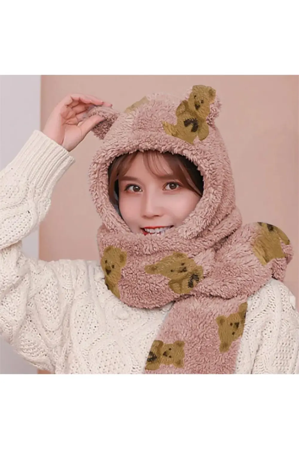 Düz Bej Ayı Kulaklı Atkılı Peluş Bere