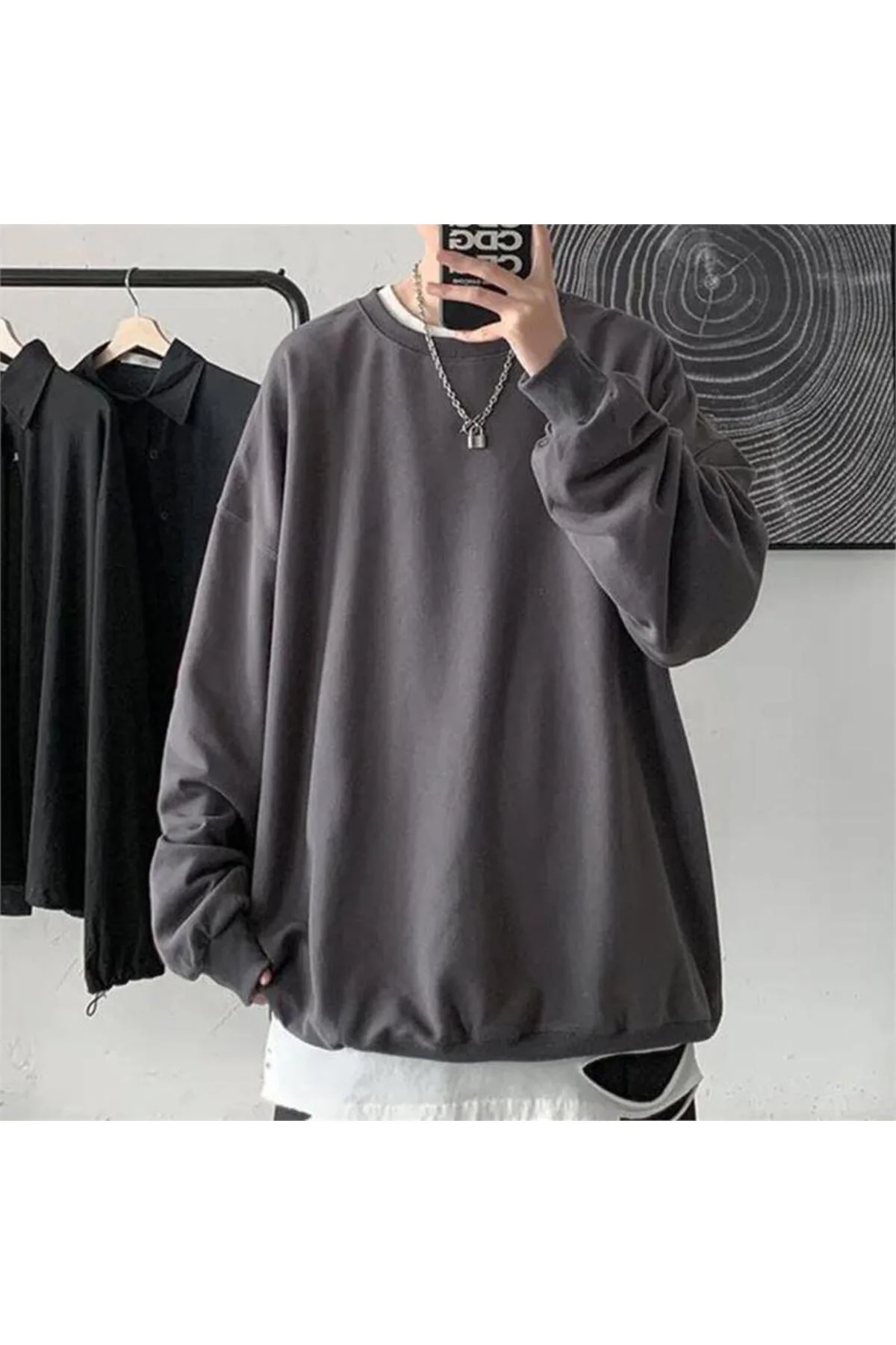 Düz Füme Orta Kalınlıkta Kumaş Oversize Unisex Uzun Kollu