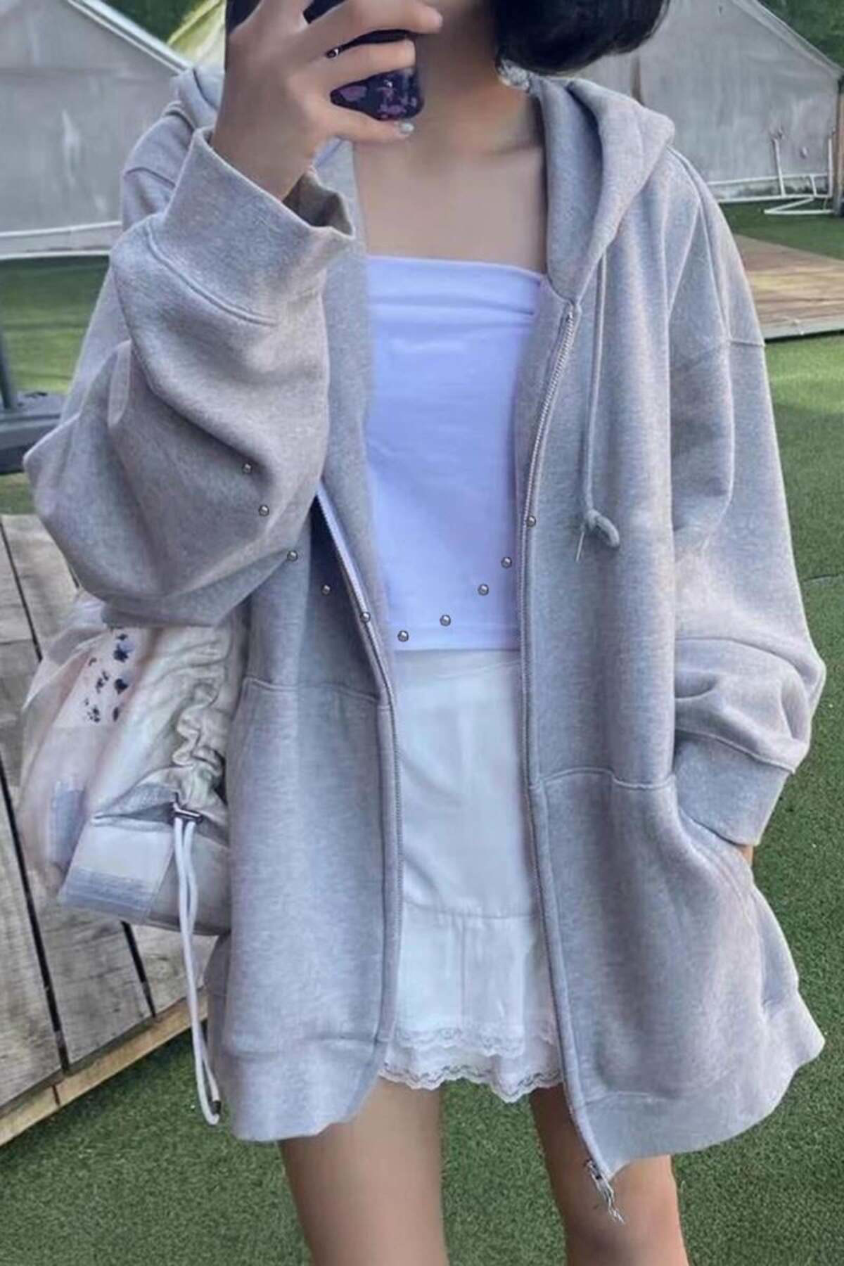 Köstebek Düz Gri Melanj Fermuarlı Kalın Kumaş Kapüşonlu Unisex Hırka