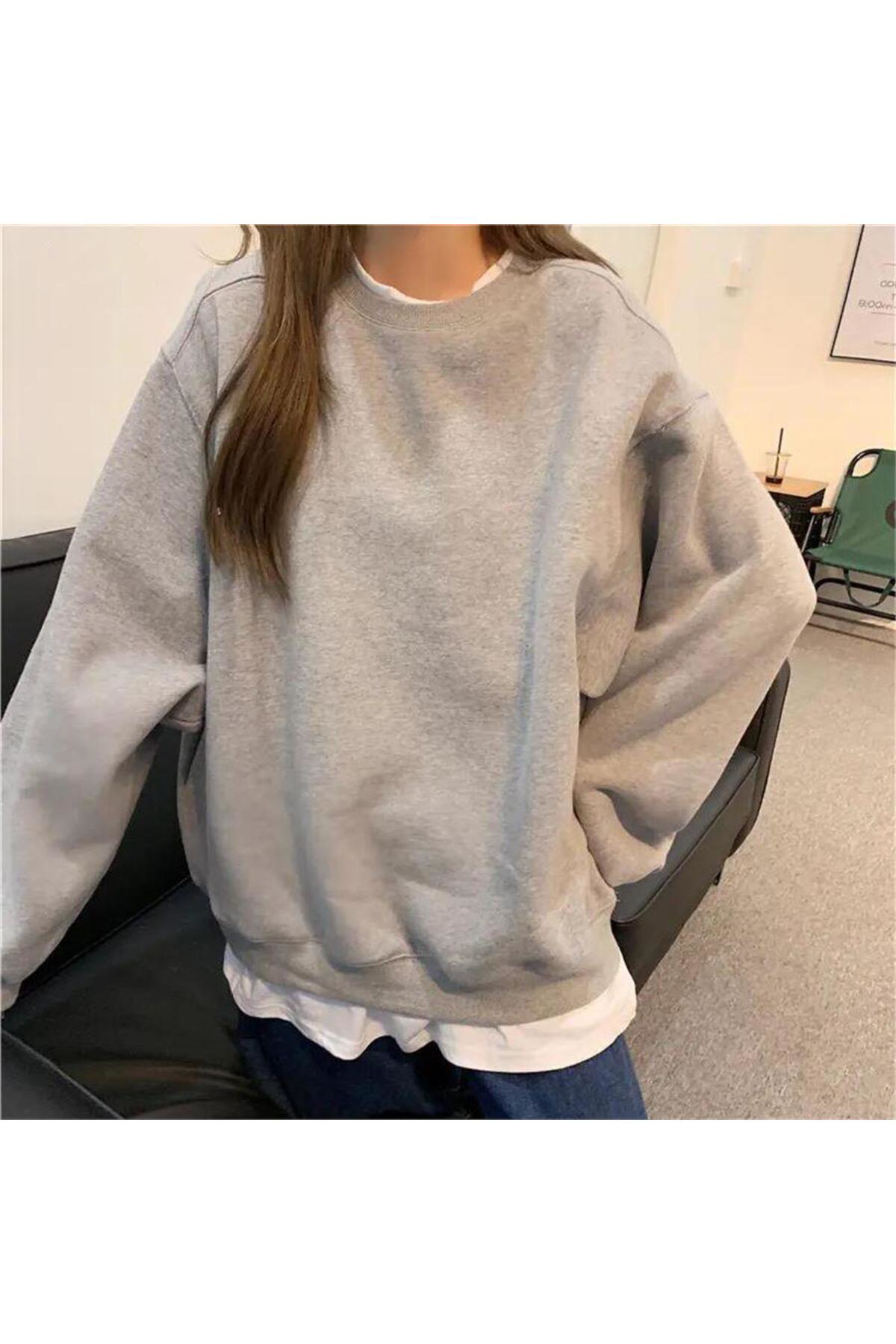 Düz Gri Melanj Orta Kalınlıkta Kumaş Unisex Uzun Kollu