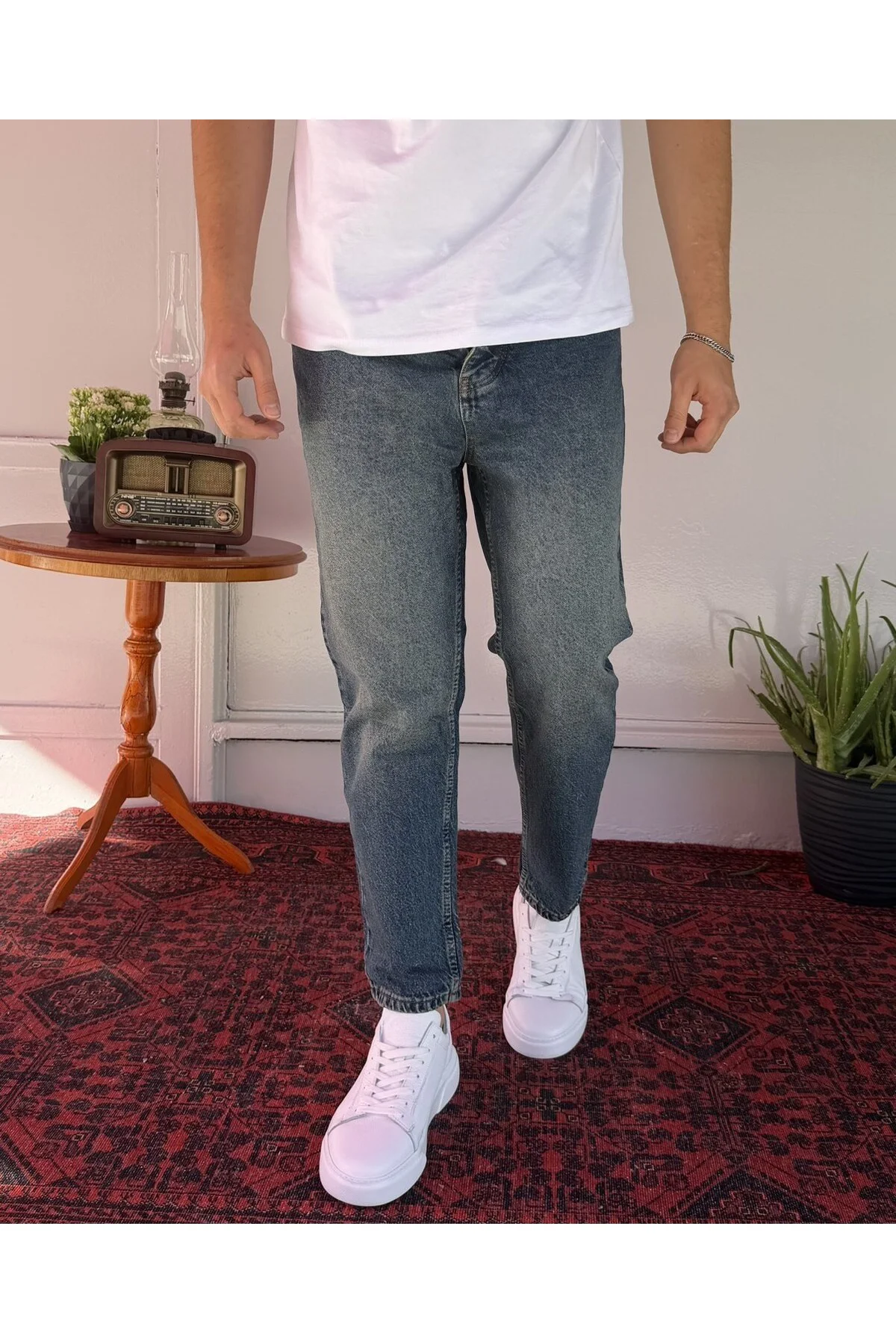 Düz Mavi Yeşil Yıkamalı Boyfriend Jean