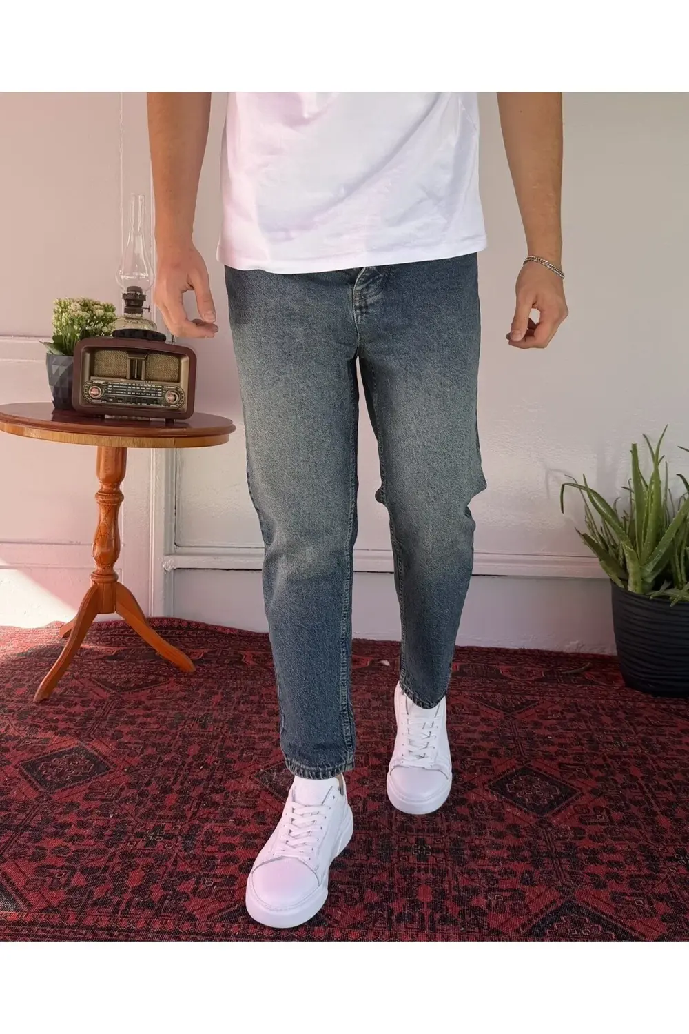 Düz Mavi Yeşil Yıkamalı Boyfriend Jean