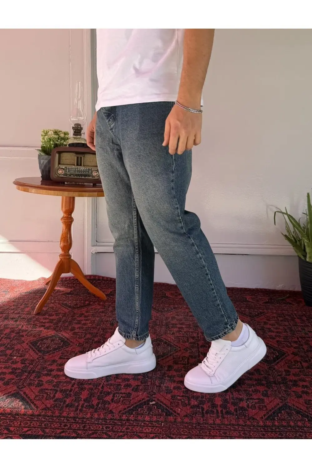 Düz Mavi Yeşil Yıkamalı Boyfriend Jean