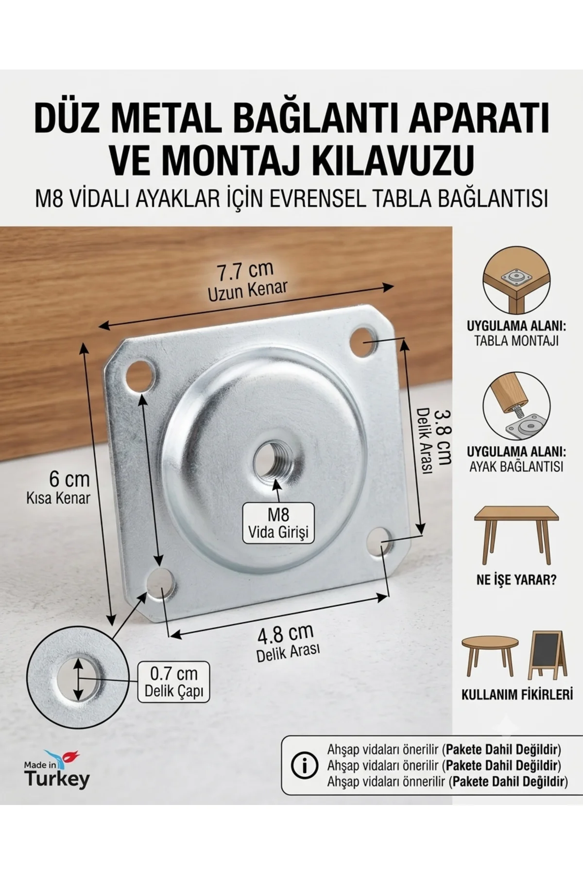 Düz Metal Bağlantı Aparatı (m8 Vida Girişli ) 4 Adet, Masa , Sandalye, Sehpa, Mobilya Montaj Düz Metal Bağlantı Aparatı (m8 Vida Girişli ) 4 Adet, Masa , Sandalye, Sehpa, Mobilya Montaj