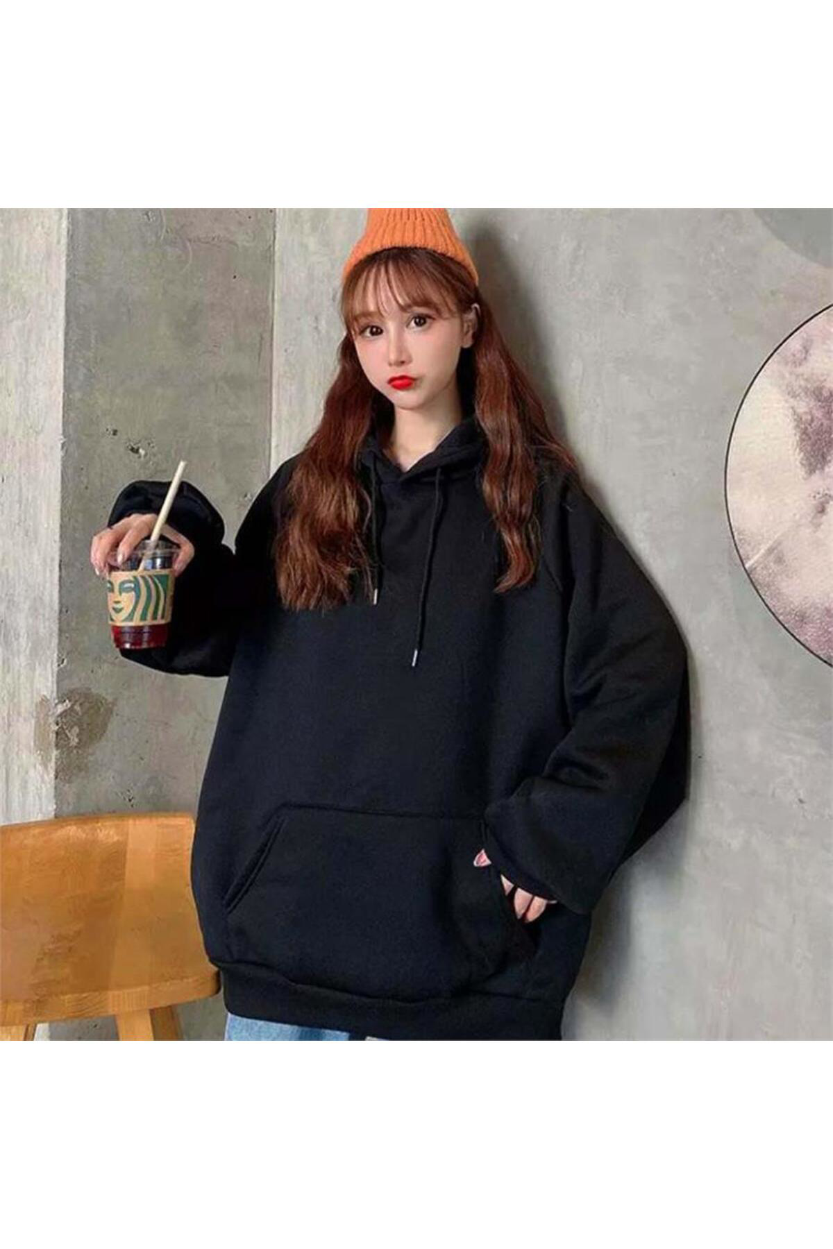 Düz Oversize Kalın Siyah Kapüşonlu Unisex Sweatshirt