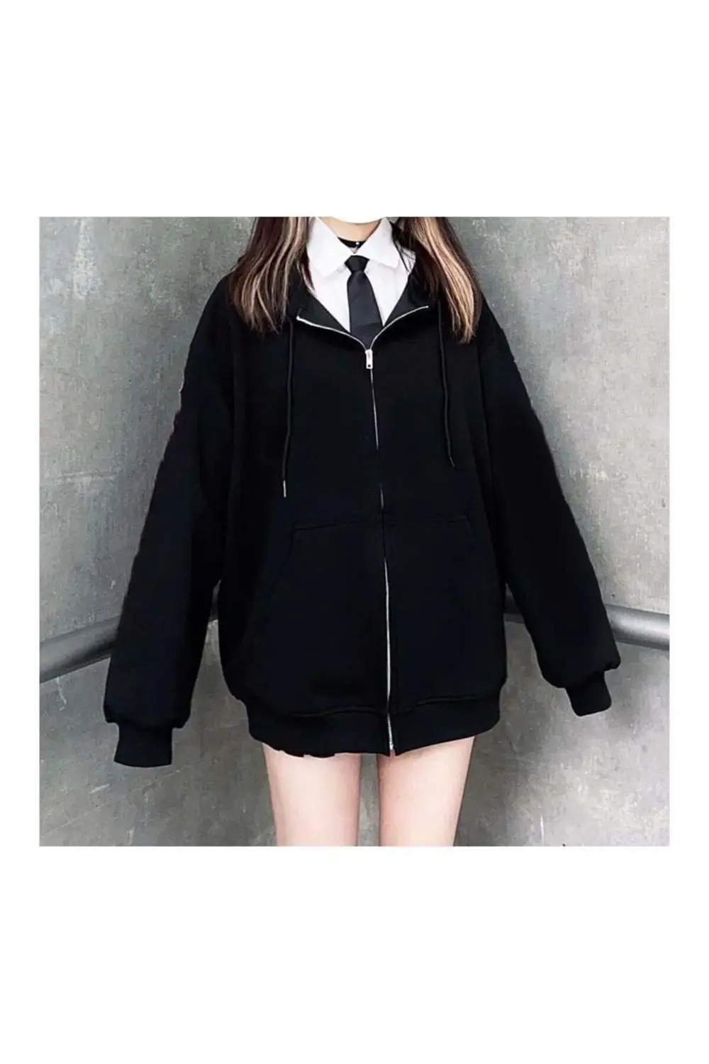 Düz Oversize Siyah Kalın Kapüşonlu Unisex Hırka