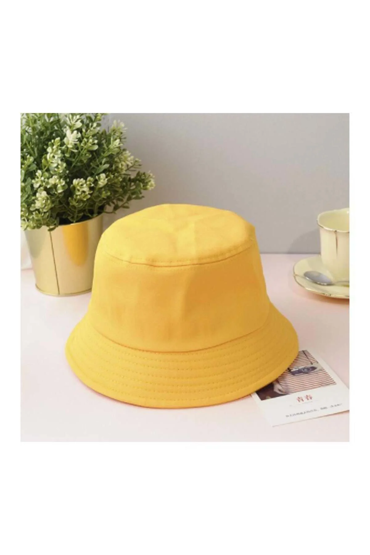 Düz Sarı Bucket Şapka