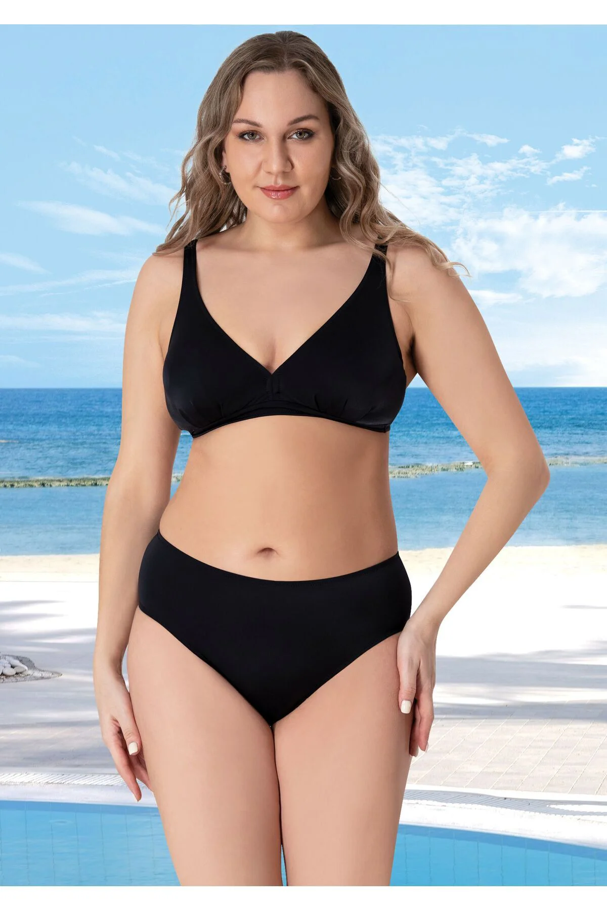düz siyah battal beden bikini takımı