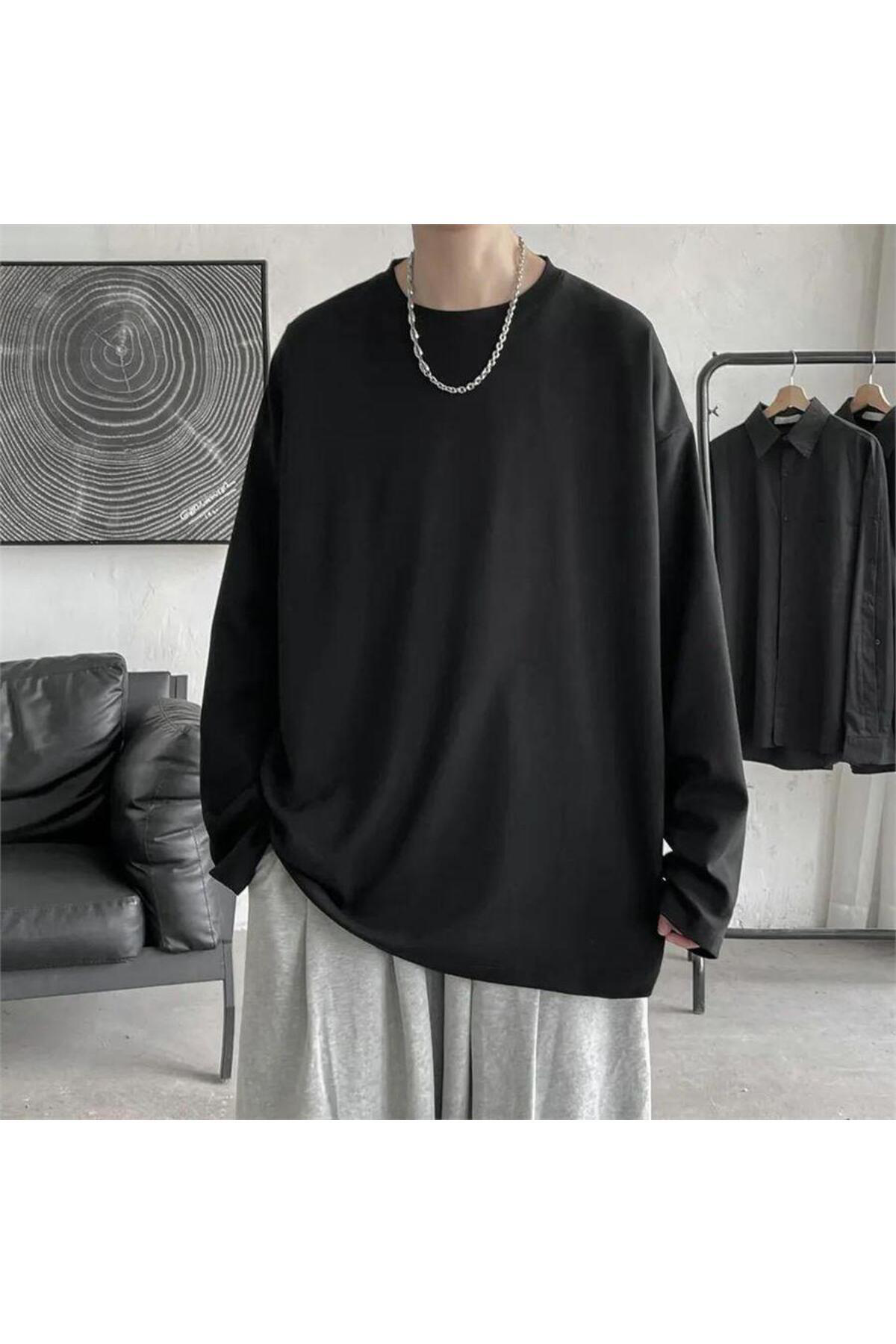 Düz Siyah İNCE KUMAŞ Oversize Unisex Uzun Kollu