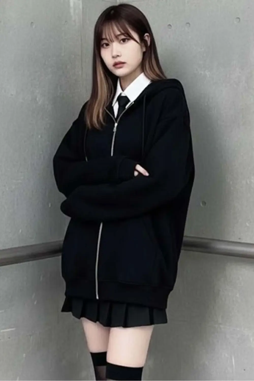 Düz Siyah Kalın Kapüşonlu Y2K Oversize Unisex Hırka