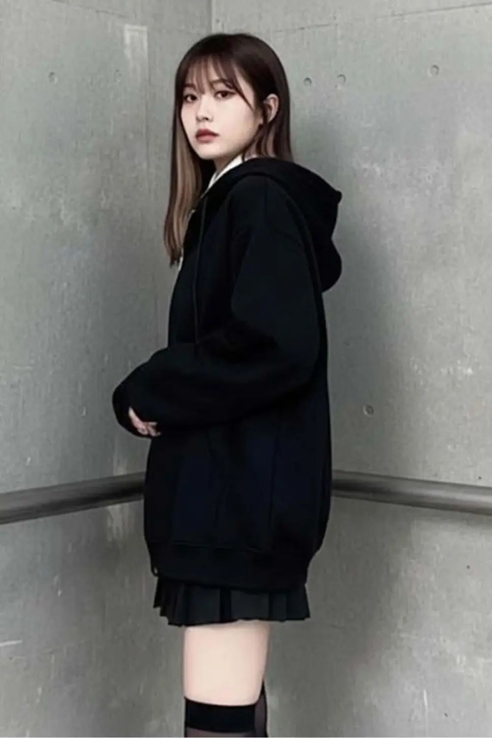 Düz Siyah Kalın Kapüşonlu Y2K Oversize Unisex Hırka