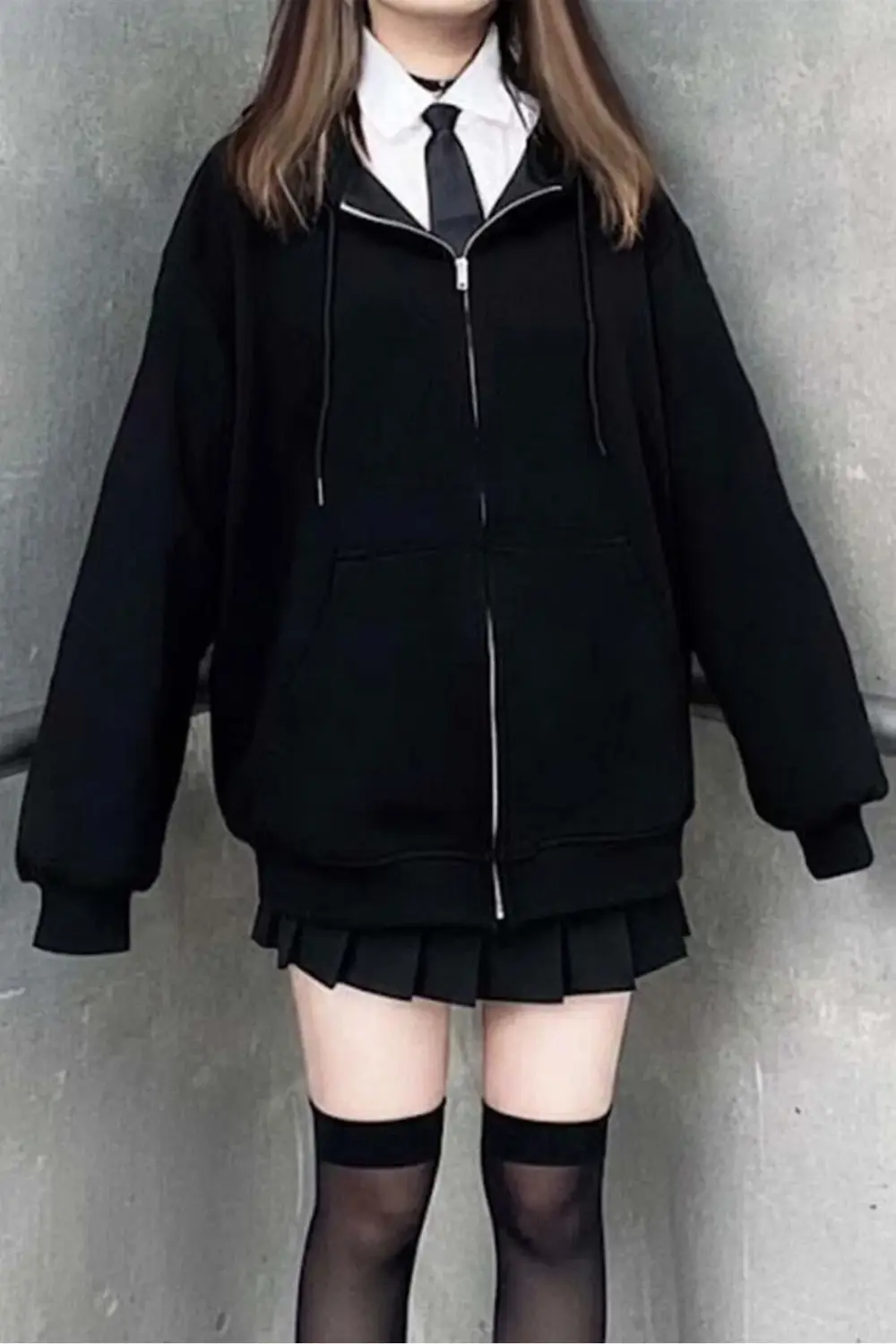 Düz Siyah Kalın Kapüşonlu Y2K Oversize Unisex Hırka