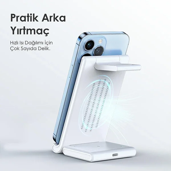 Duzzona 15W Katlanır 3 in 1 Telefon Kulaklık Saat Kablosuz Şarj Standı-1852