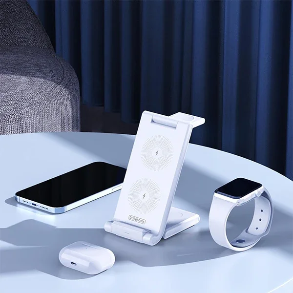 Duzzona 15W Katlanır 3 in 1 Telefon Kulaklık Saat Kablosuz Şarj Standı-1852