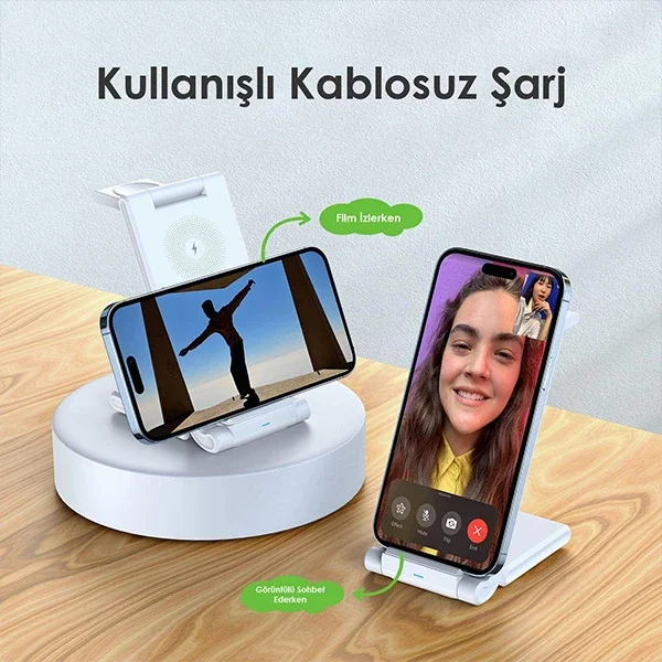 Duzzona 15W Katlanır 3 in 1 Telefon Kulaklık Saat Kablosuz Şarj Standı-1852