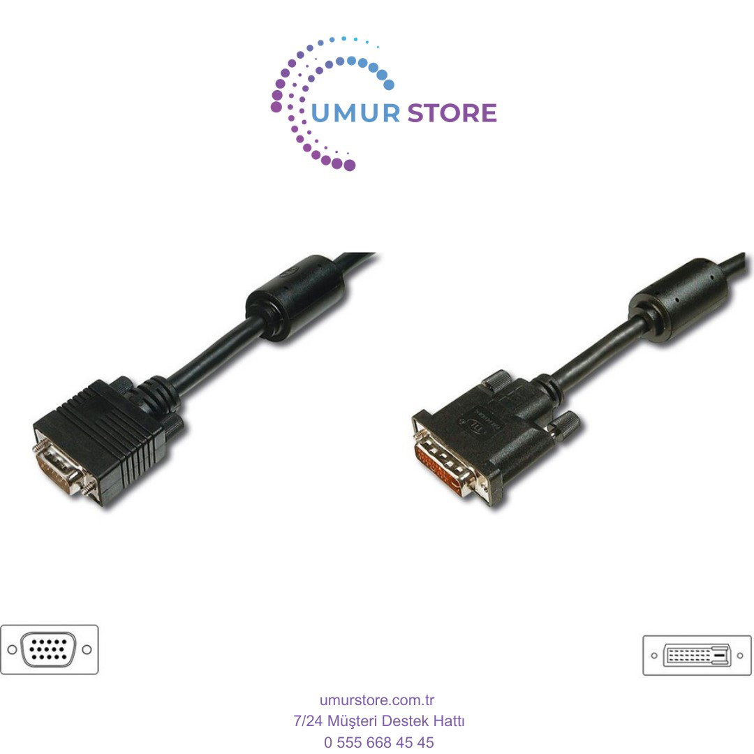 DVI - VGA Bağlantı Kablosu, DVI-I (24+5) Erkek VGA (HD15) Erkek,