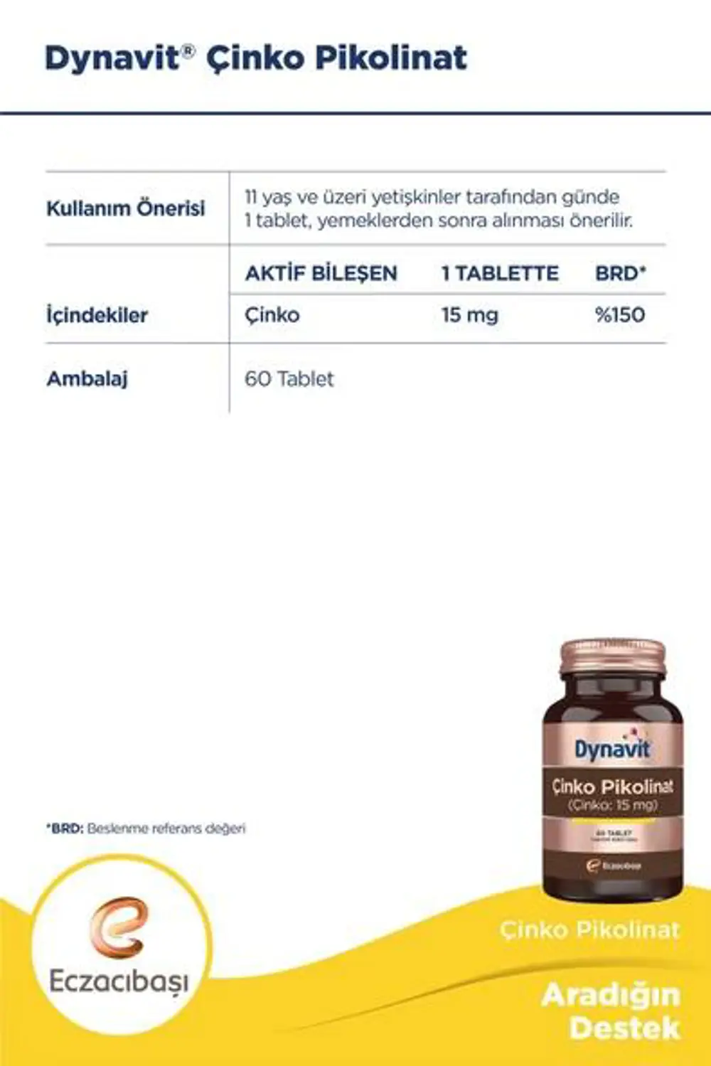 Dynavit Çinko Pikolinat 15 mg 60 Tablet 8699586016028