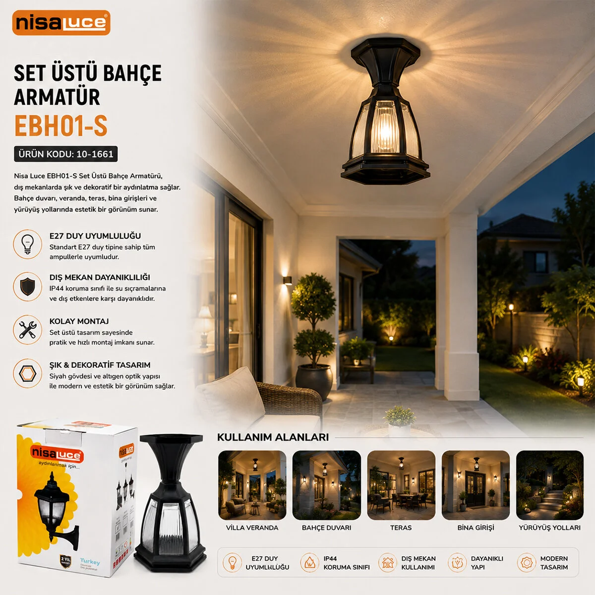 E27 - IP44 Siyah 60W Set Üstü Bahçe-balkon Sokak Lambası - Armatür EBH01-S E27 - IP44 Siyah 60W Set Üstü Bahçe-balkon Sokak Lambası - Armatür EBH01-S