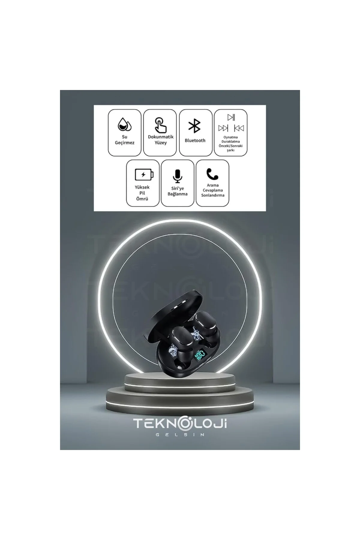E6s Dots Bluetooth Kablosuz Kulaklık, Çift Mikrofon, HD Ses, Extra Bass, Powerbank Kutu, Siyah