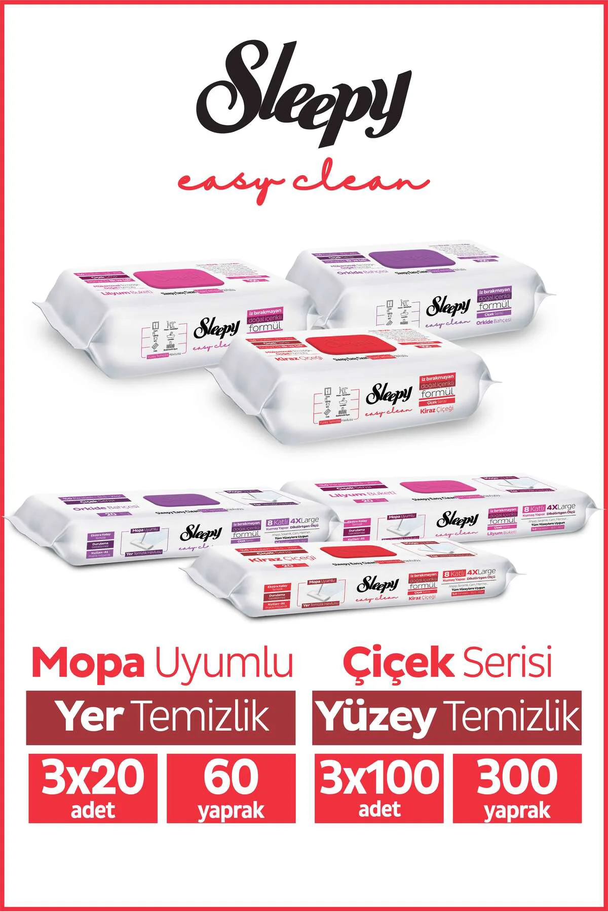 Easy Clean Çiçek Serisi 3X100 Yüzey & 3X20 Yer Temizlik Havlusu&Mendili Karma Paket