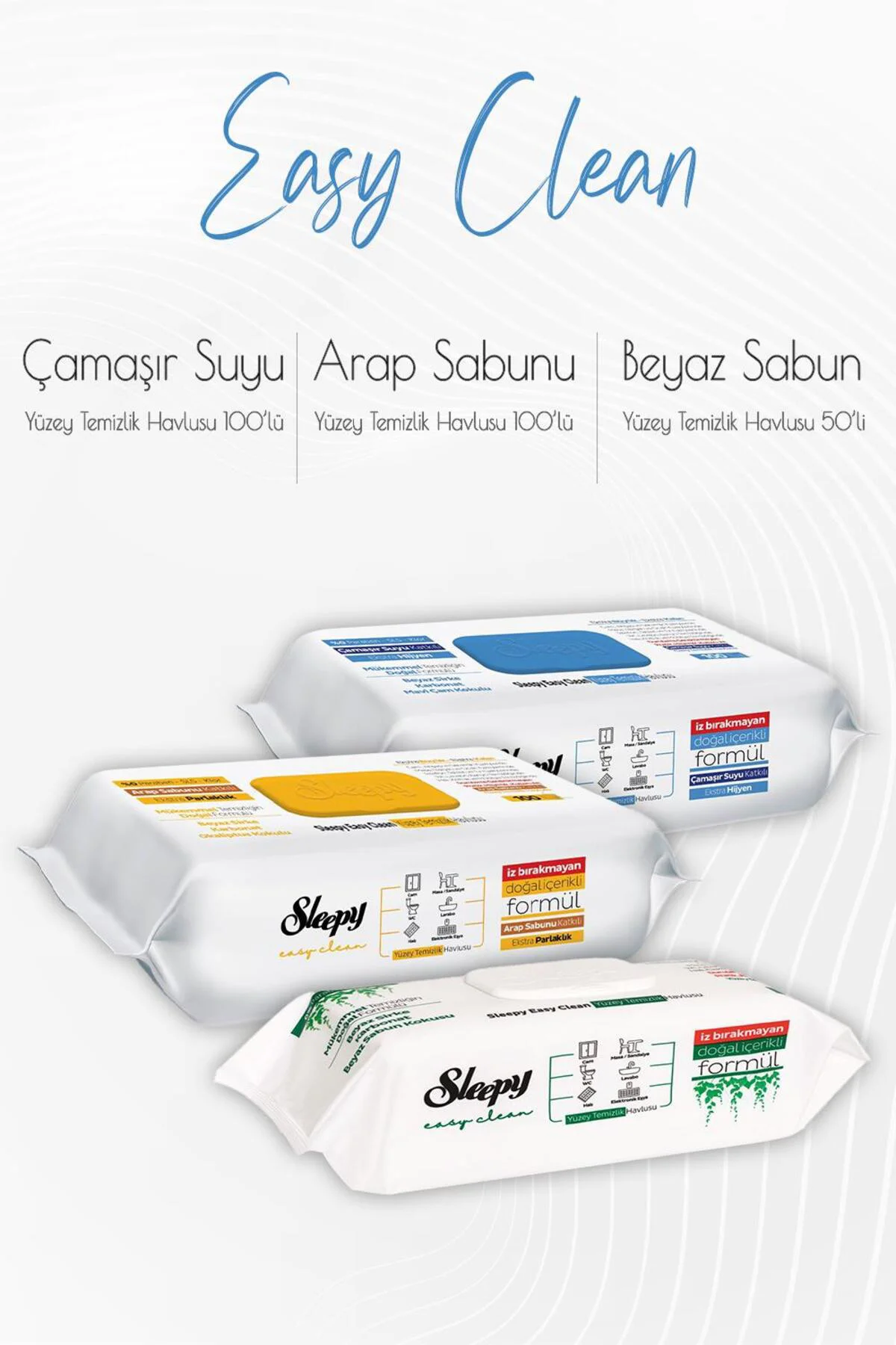 Easy Clean Yüzey Temizlik Havlusu 50'li ,Çamaşır Suyu Katkılı 100'lü ve Arap Sabunu Katkılı 1