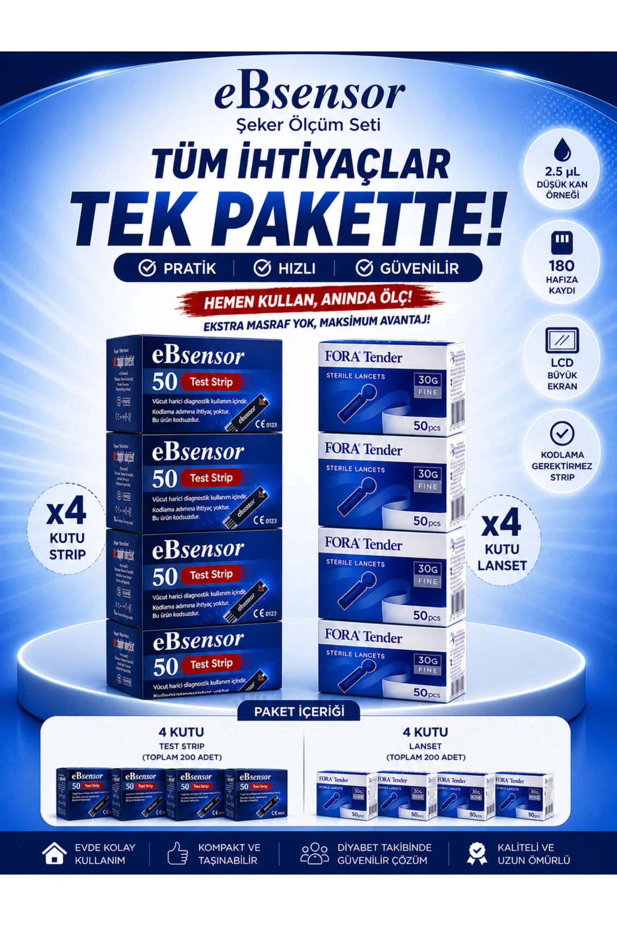 Eb Sensor Şeker Ölçüm stribi 4x50=200 stip + 200 lanset Fiyatı, Yorumları ve Özellikleri