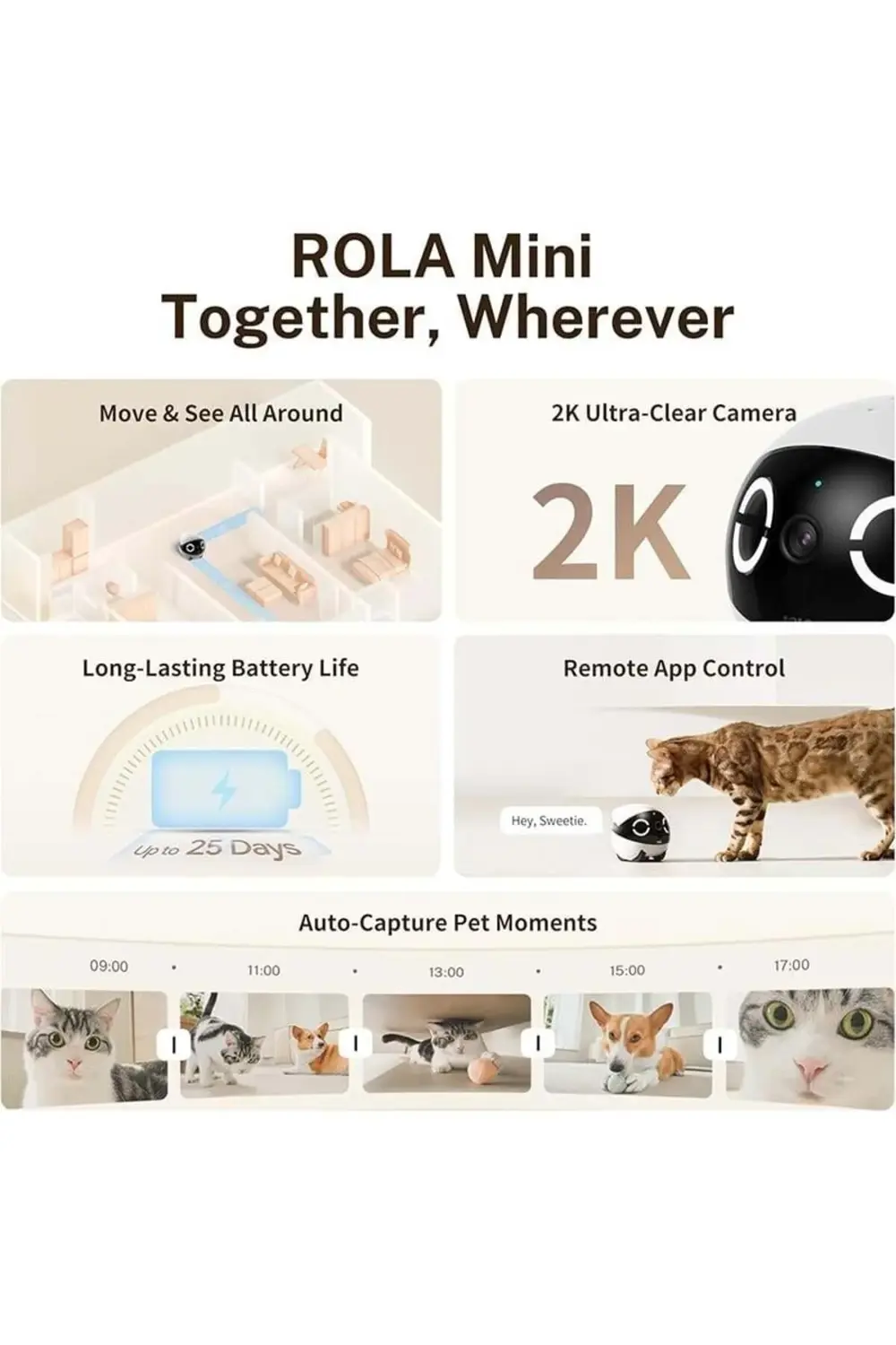 EBO ROLA Mini 2K Pet Kamera Robot, Mobil ve Şarj Edilebilir, 2 Yö