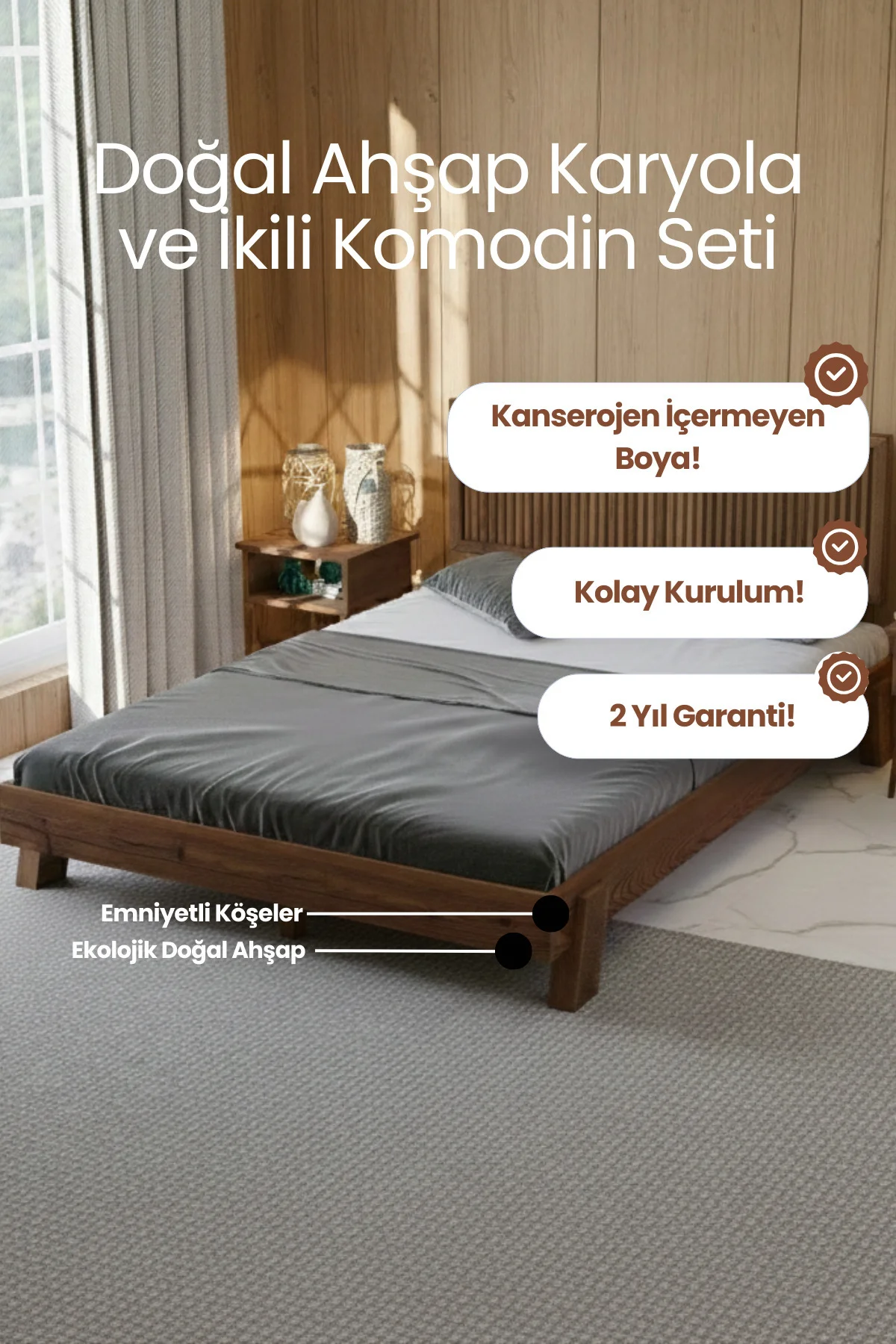 Ebruli Dikey Çizgili Başlıklı Masif Çam Karyola ve İki Adet Komodin Seti-Sağlıklı Ahşap Karyola Seti Fiyatı, Yorumları ve Özellikleri