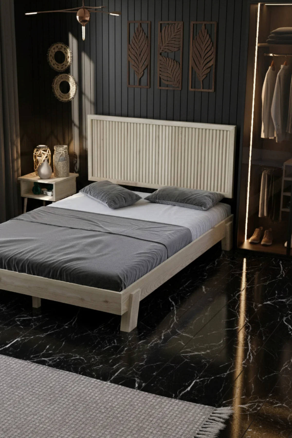 Ebruli Model Dikey Başlıklı Masif Ahşap Karyola Kolay Kurulum Fırınlanmış İthal Sibirya Çamı 150x200 Yatak Uyumlu