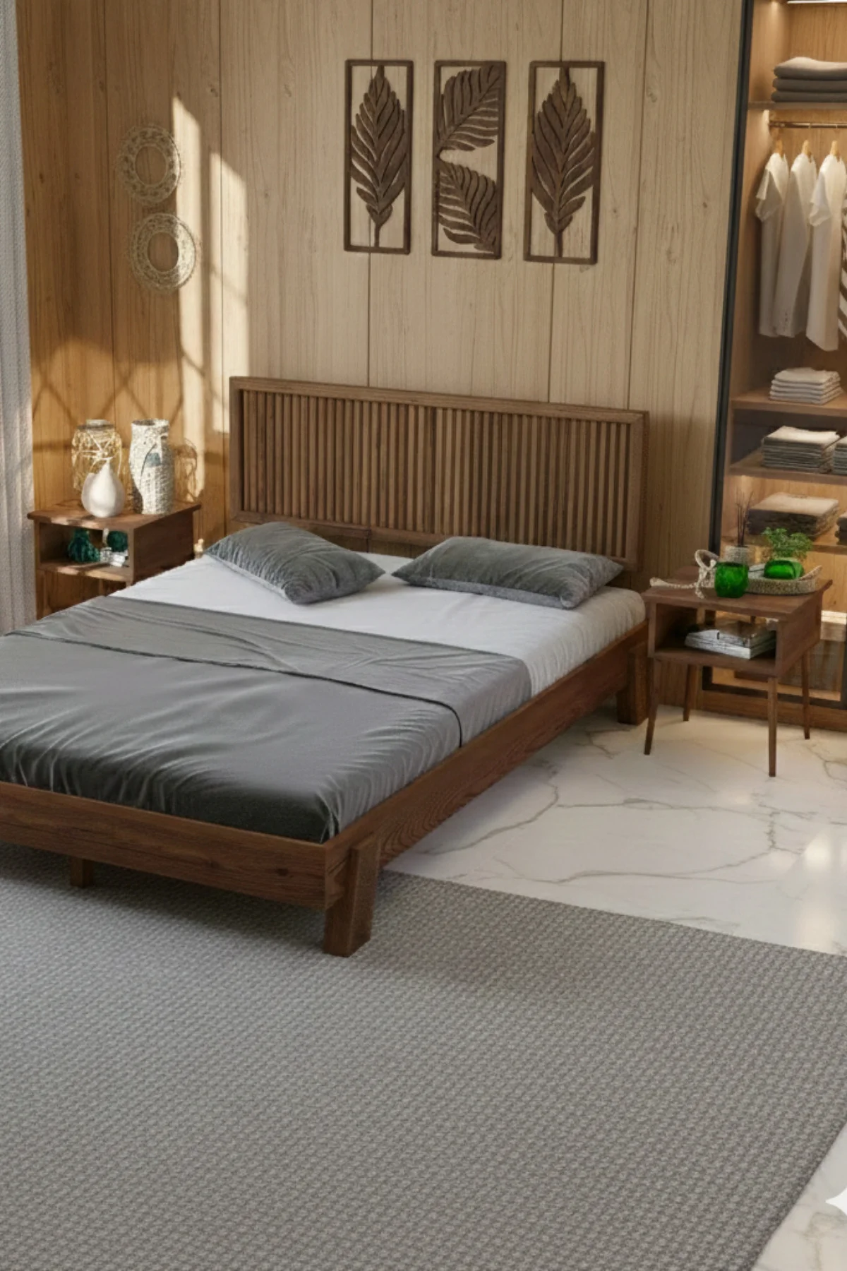 Ebruli Model Dikey Başlıklı Masif Ahşap Karyola ve 2 Adet Komodin Kolay Kurulum Fırınlanmış İthal Sibirya Çamı 90x200 Yatak Uyumlu 2 Adet Komodin