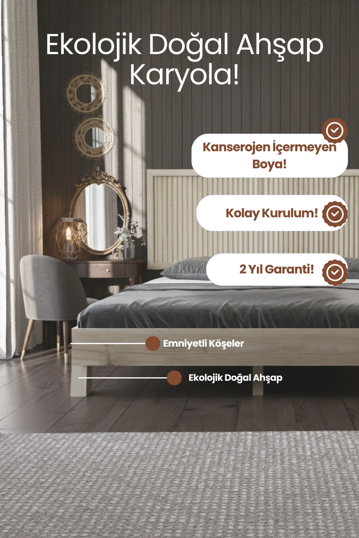 Ebruli Model Dikey Başlıklı Ahşap Karyola - Modern Beyaz Masif Çift Kişilik Yatak İskeleti Fiyatı, Yorumları ve Özellikleri