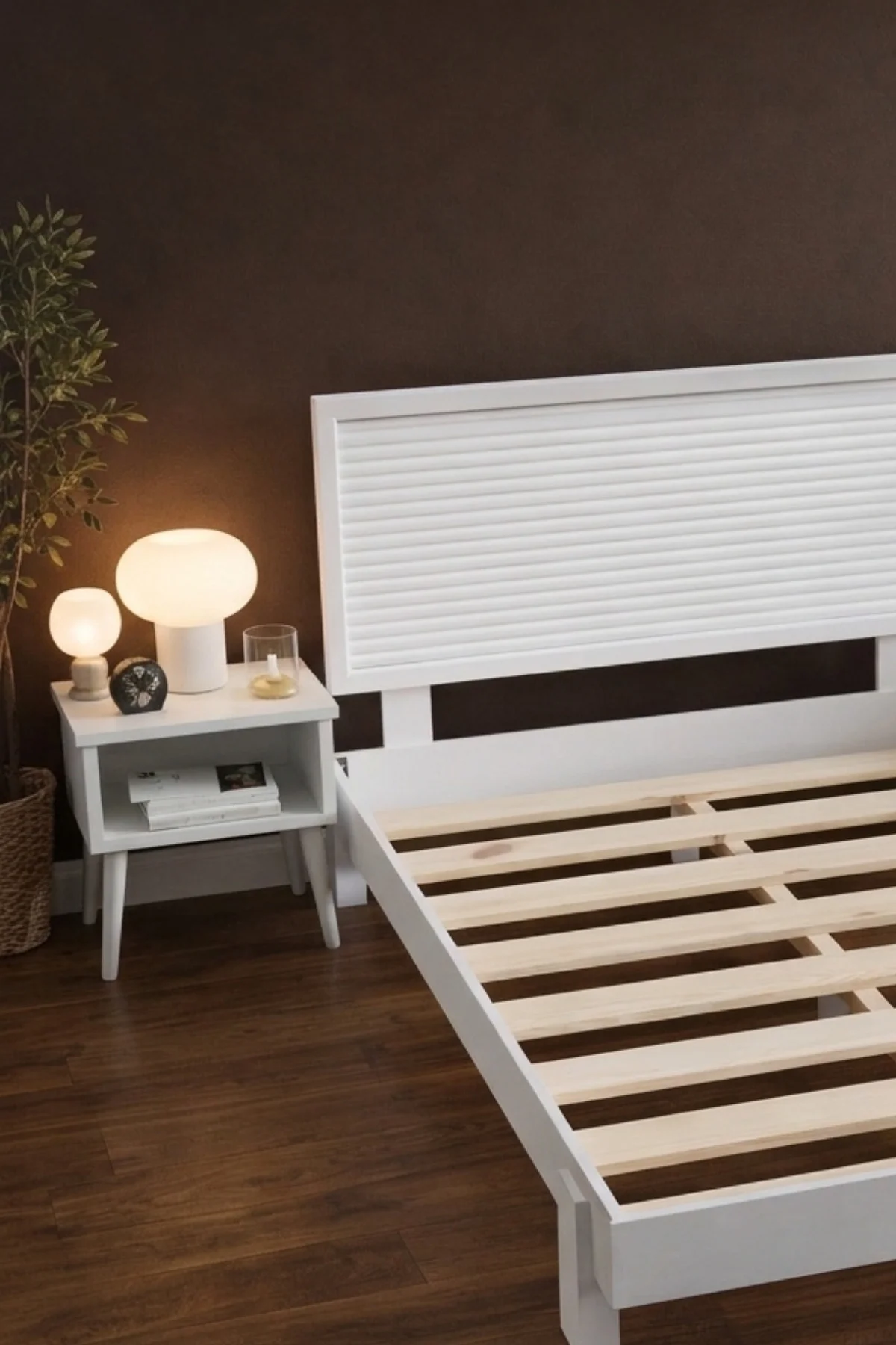 Ebruli Model Yatay Başlıklı Masif Ahşap Karyola ve 2 Adet Komodin Kolay Kurulum Fırınlanmış İthal Sibirya Çamı 90x190 Yatak Uyumlu 2 Adet Komodin