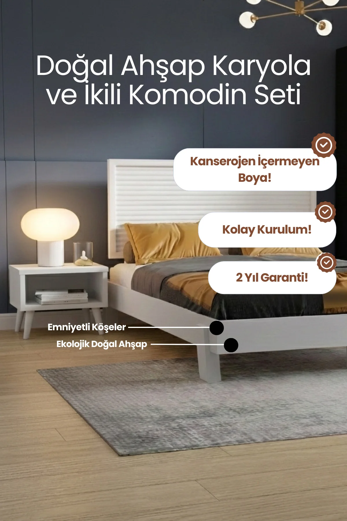 Ebruli Model Yatay Başlıklı Masif Ahşap Karyola ve 2 Adet Komodin Kolay Kurulum Fırınlanmış İthal Sibirya Çamı 90x190 Yatak Uyumlu 2 Adet Komodin