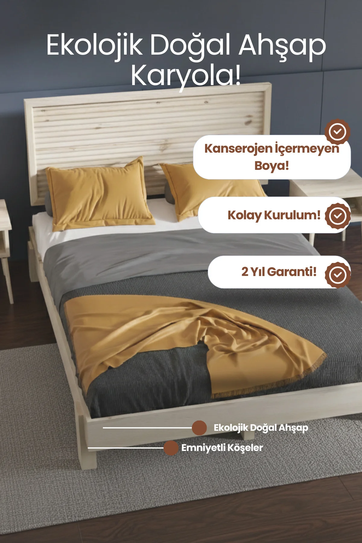 Ebruli Model Yatay Başlıklı Masif Ahşap Karyola Kolay Kurulum Fırınlanmış İthal Sibirya Çamı 90x200 Yatak Uyumlu