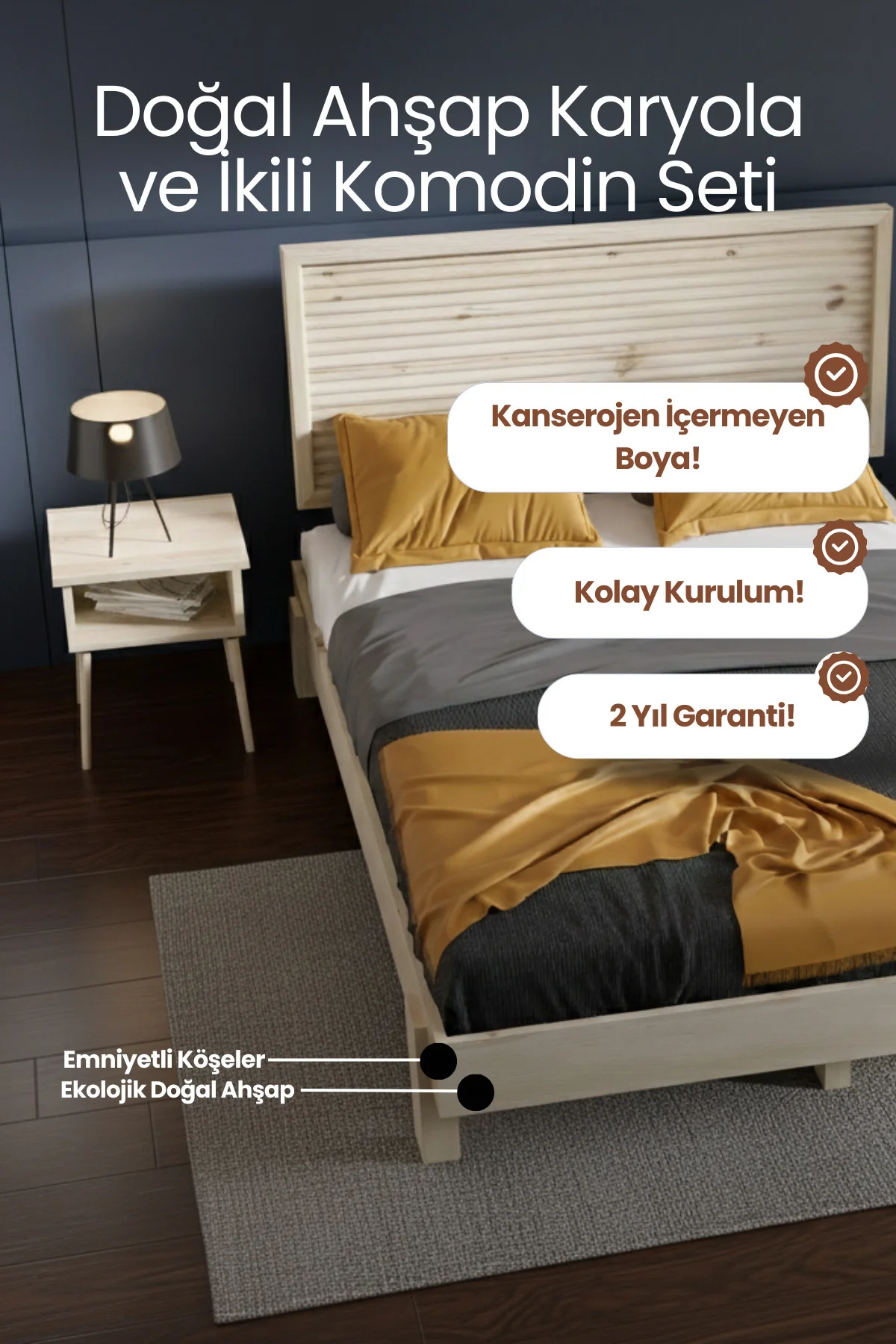 Ebruli Yatay Çizgili Başlıklı Masif Çam Karyola Ve İki Adet Komodin Seti - Yatak Odası Takımı Fiyatı, Yorumları ve Özellikleri