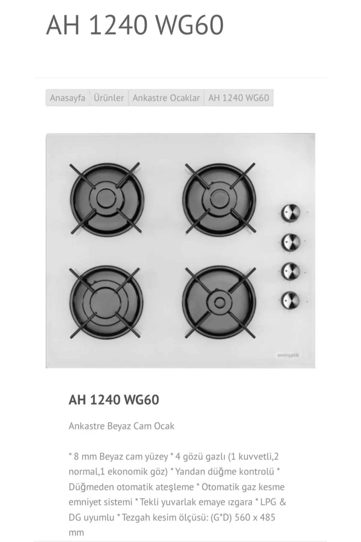 Ec-ah 1240 Wg60 Ankastre Gömmeli Beyaz Cam Ocak 4 Gözlü Gazlı