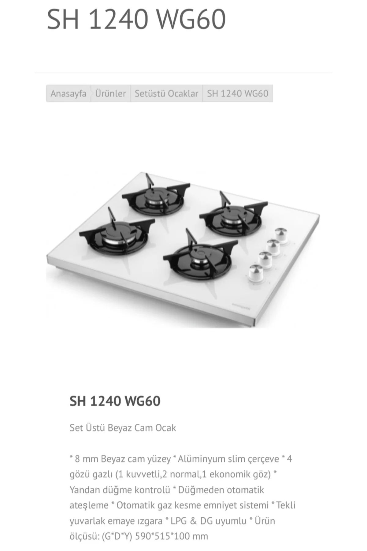 EC-SÜ 1240 WG60 ENG Set Üstü (Tezgahüstü) Beyaz Cam Ocak 4 GÖZÜ G