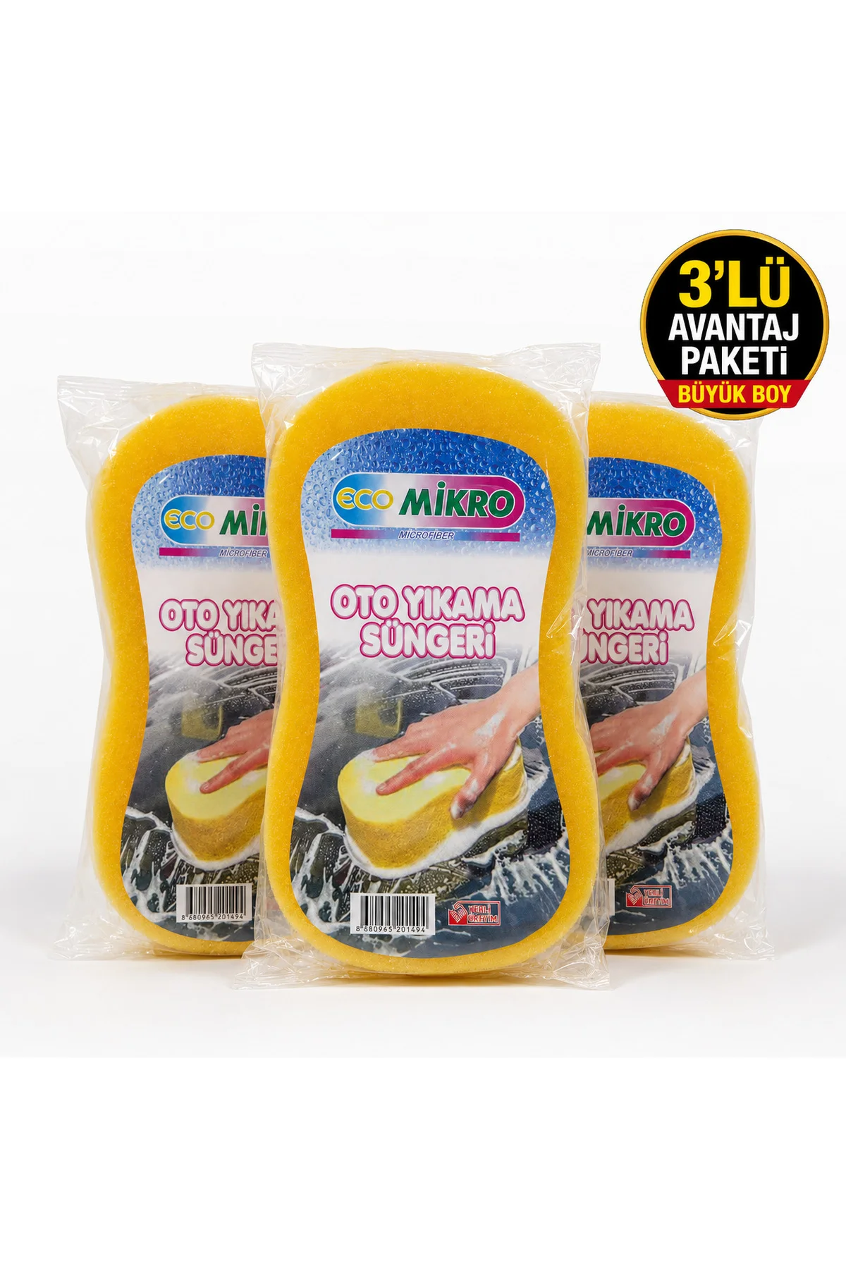 Eco Mikro 3’lü Büyük Boy Oto Yıkama Süngeri – Yüksek Köpük Tutan Araç Temizlik Süngeri