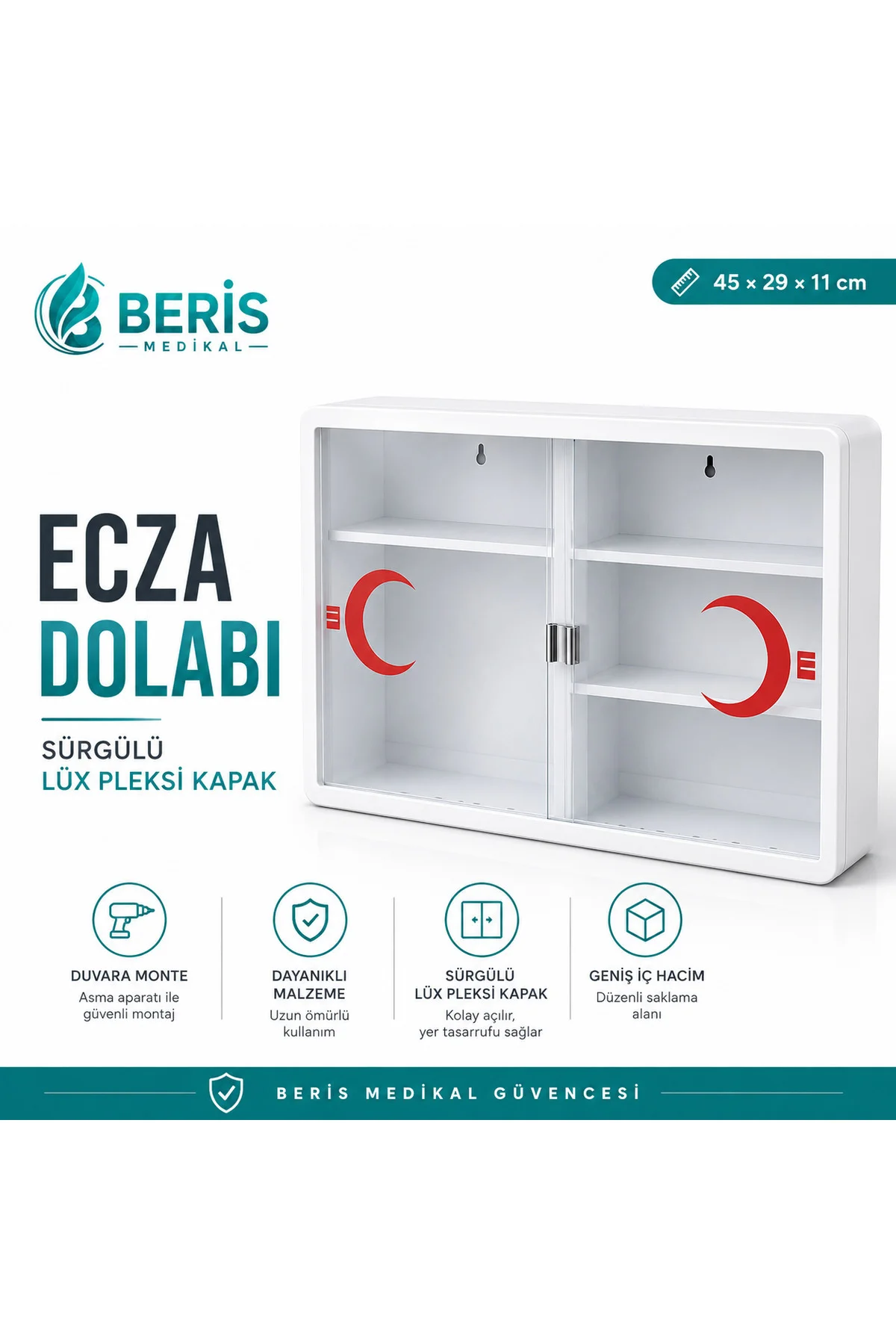 Ecza Dolabı Sürgülü Lüks Pleksi Kapaklı İlk Yardım Dolabı Duvara Monte 45x29x11 cm Beyaz